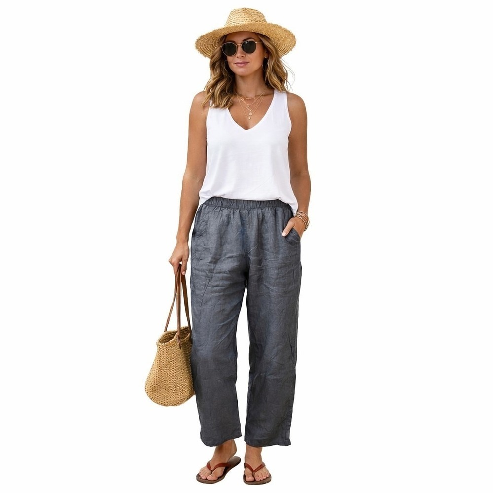 EVERLANE The Linen Easy Pant Sz L Black Elastic Waist Pull-On Lagenlook Resort